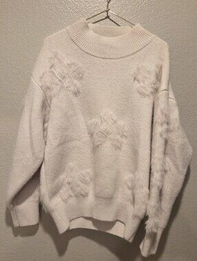 On Blue Cream Pearl Embellished Eyelash Knit Mock Neck Sweater Cozy Feminine XL